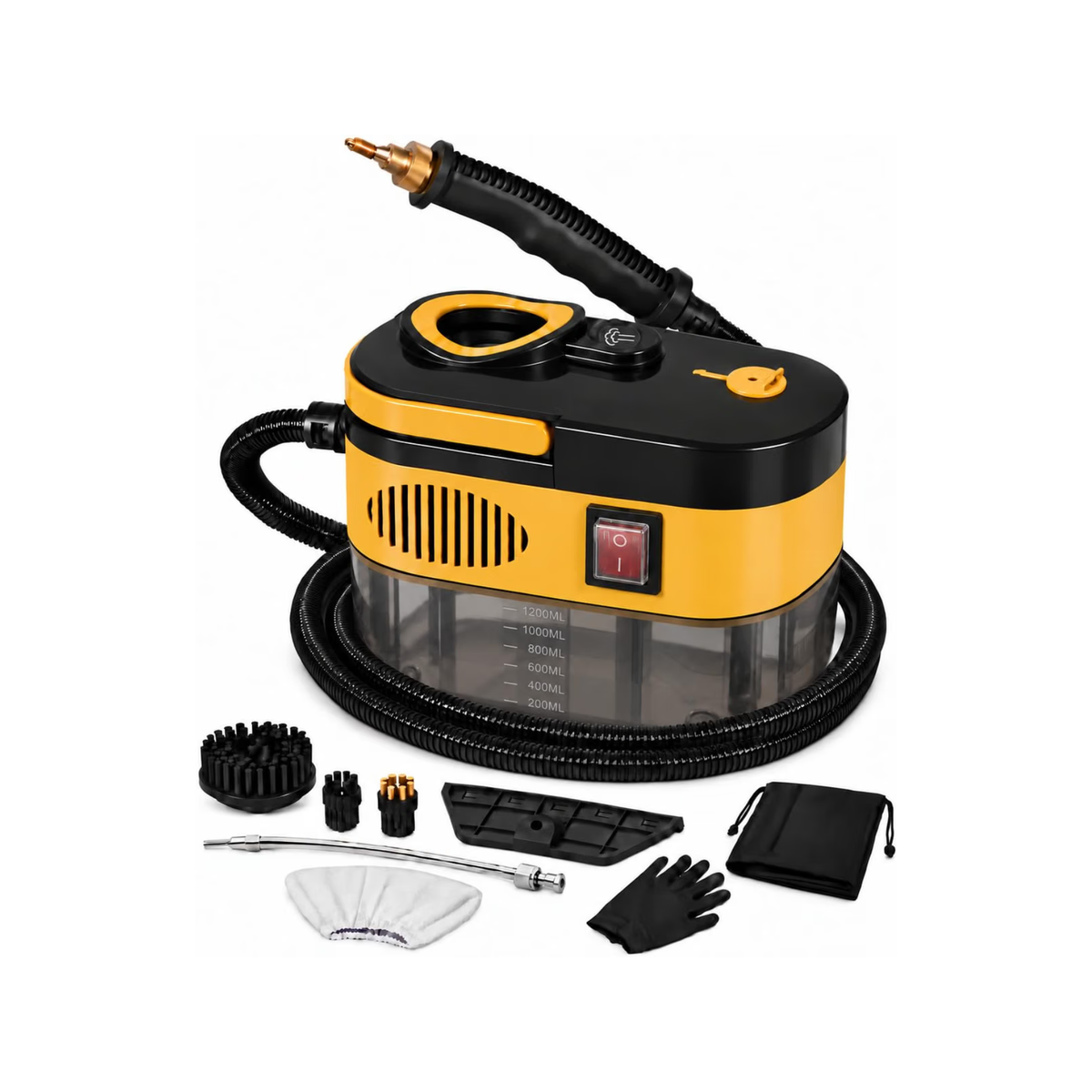 Ręczna myjka parowa wysokociśnieniowa 1500 W do domu i samochodu, nagrzewanie w 15 s, zbiornik 1,2 l, 6 poziomów pary, 8 akcesoriów, do fug, płytek, łazienki i kuchni