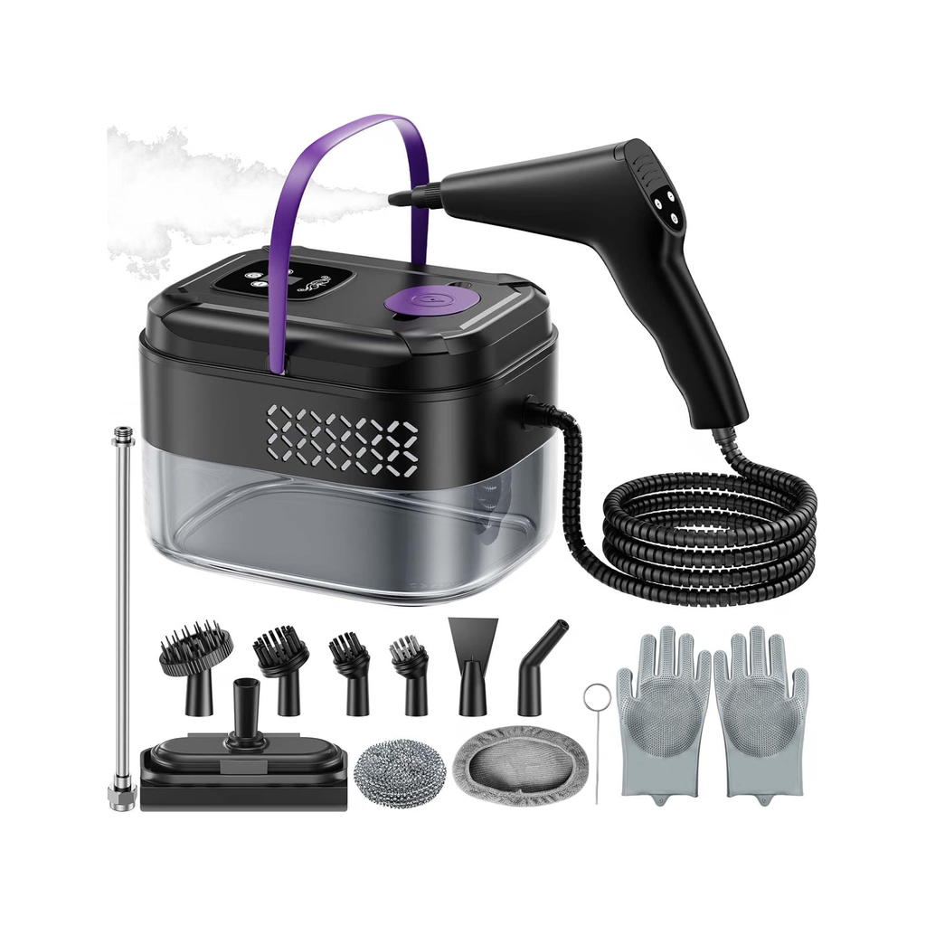 Ręczna myjka parowa do domu, 1500 W, nagrzewanie w 9 s, para 120°C, 6 poziomów regulacji, 19 akcesoriów, do płytek, fug, tłuszczu, kuchni, łazienki i samochodu