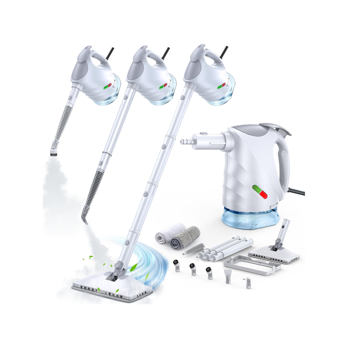 Mop parowy z odłączaną ręczną myjką parową, nagrzewanie w 10 s, para 120°C, 8 akcesoriów, zbiornik 320 ml, obrotowa głowica, do podłóg, domu i samochodu, biały