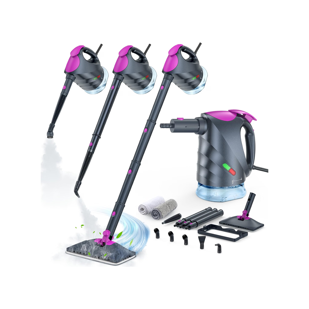 Mop parowy z odłączaną ręczną myjką parową, nagrzewanie w 10 s, para 120°C, 8 akcesoriów, zbiornik 320 ml, obrotowa głowica, do podłóg, domu i samochodu, szary