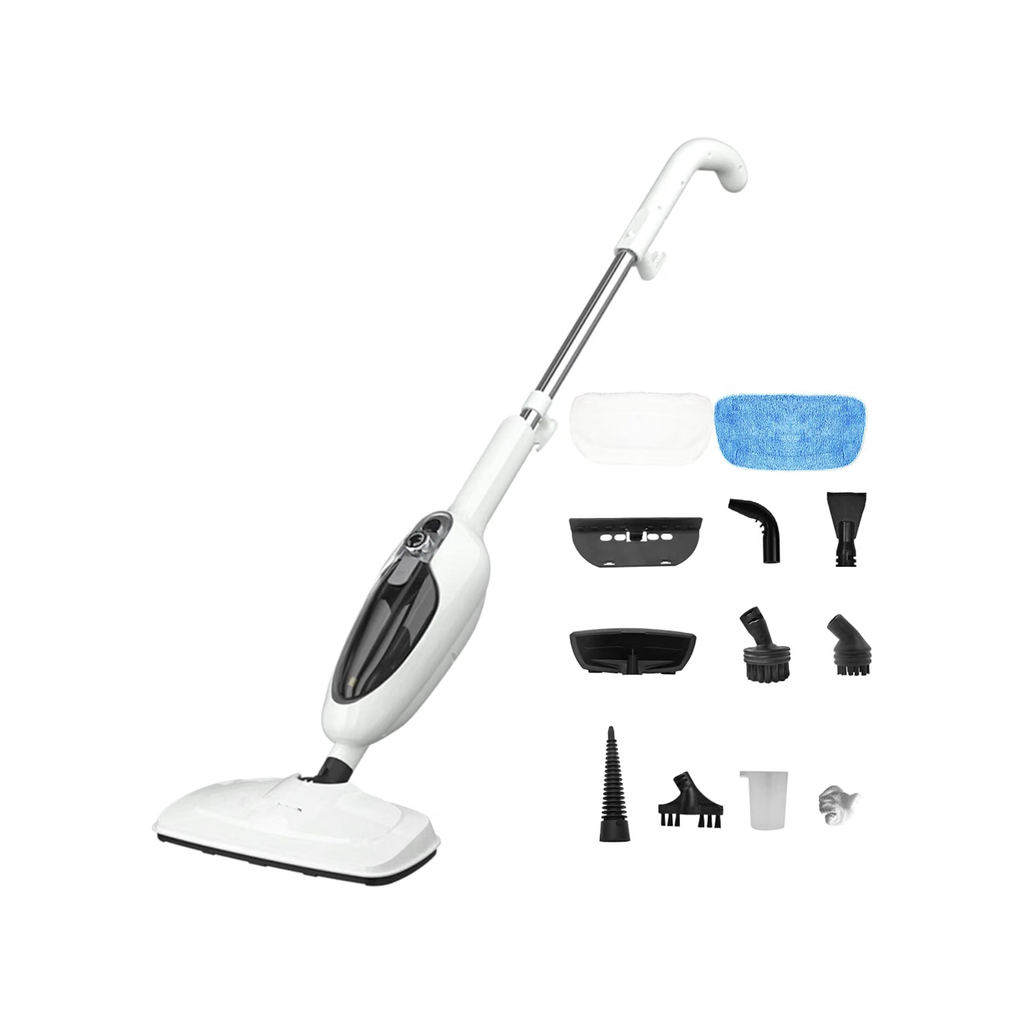 Mop parowy do podłóg drewnianych i płytek, lekki, 1200 W, zbiornik 300 ml, przewód 6,1 m, 2 nakładki, 12 akcesoriów, nagrzewanie 15–18 s