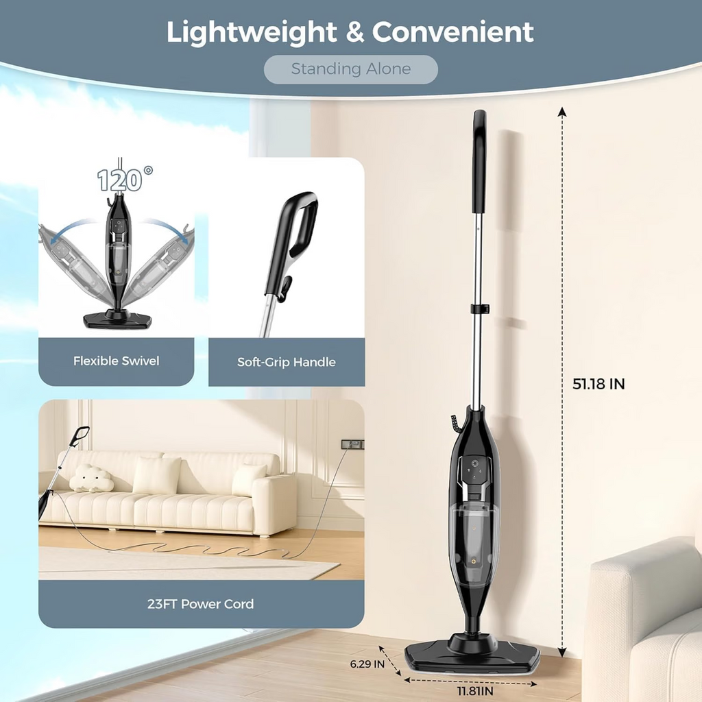 Mop parowy 12 w 1 z odłączaną ręczną myjką parową, zbiornik 565 ml, przewód 7 m, do podłóg drewnianych, płytek, fug i mebli
