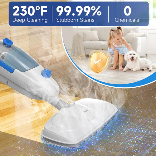 Mop parowy 10 w 1 z odłączaną myjką ręczną, do podłóg winylowych, paneli, dywanów, płytek i fug, 2 nakładki, przewód 7 m, zbiornik 450 ml