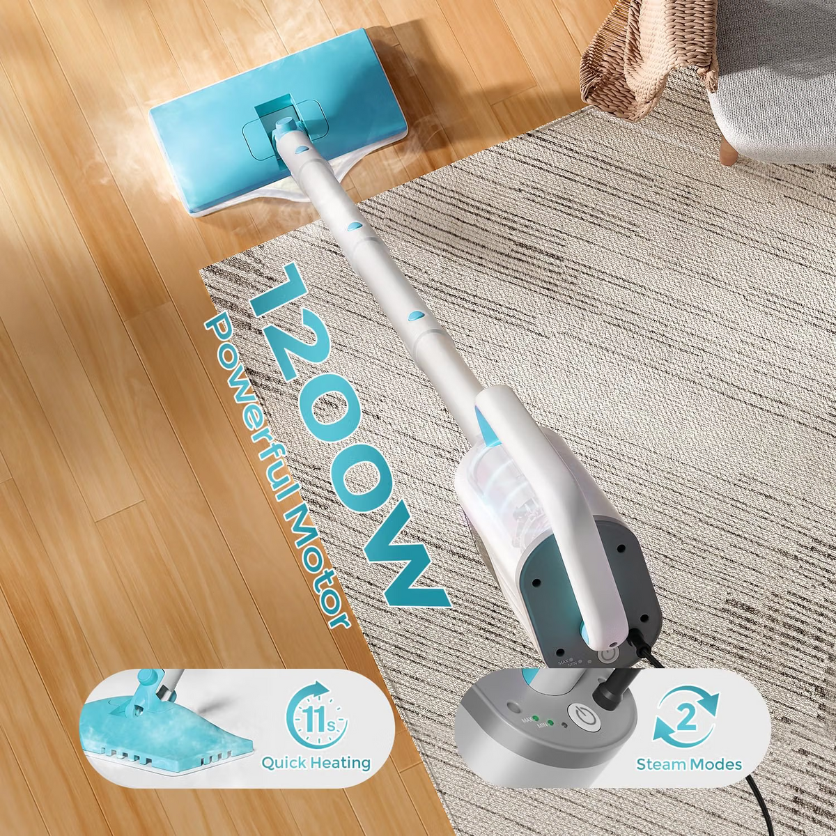 Mop parowy do podłóg z odłączaną ręczną myjką, 2 poziomy pary, zbiornik 350 ml, przewód 7 m, do płytek, fug, mebli, dywanów, grilla i ścian