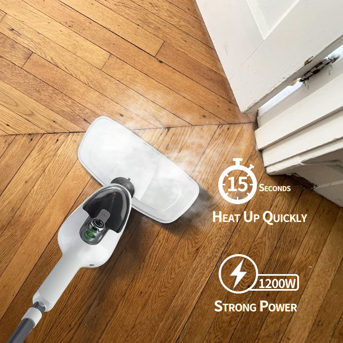 Mop parowy do podłóg drewnianych i płytek, lekki, 1200 W, zbiornik 300 ml, przewód 6,1 m, 2 nakładki, 12 akcesoriów, nagrzewanie 15–18 s