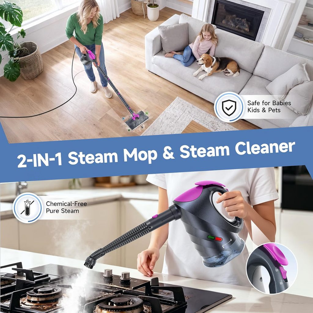 Mop parowy z odłączaną ręczną myjką parową, nagrzewanie w 10 s, para 120°C, 8 akcesoriów, zbiornik 320 ml, obrotowa głowica, do podłóg, domu i samochodu, szary
