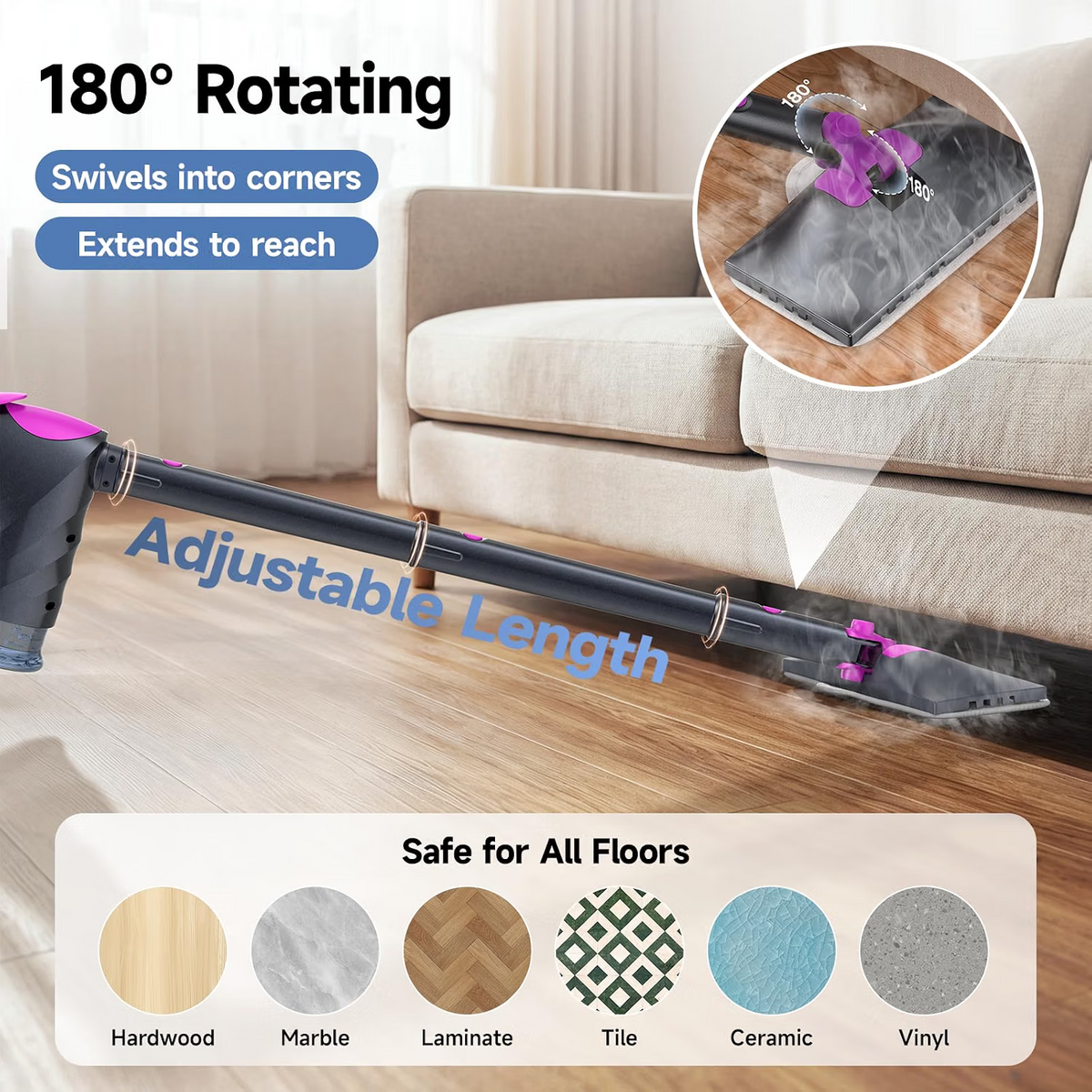 Mop parowy z odłączaną ręczną myjką parową, nagrzewanie w 10 s, para 120°C, 8 akcesoriów, zbiornik 320 ml, obrotowa głowica, do podłóg, domu i samochodu, szary