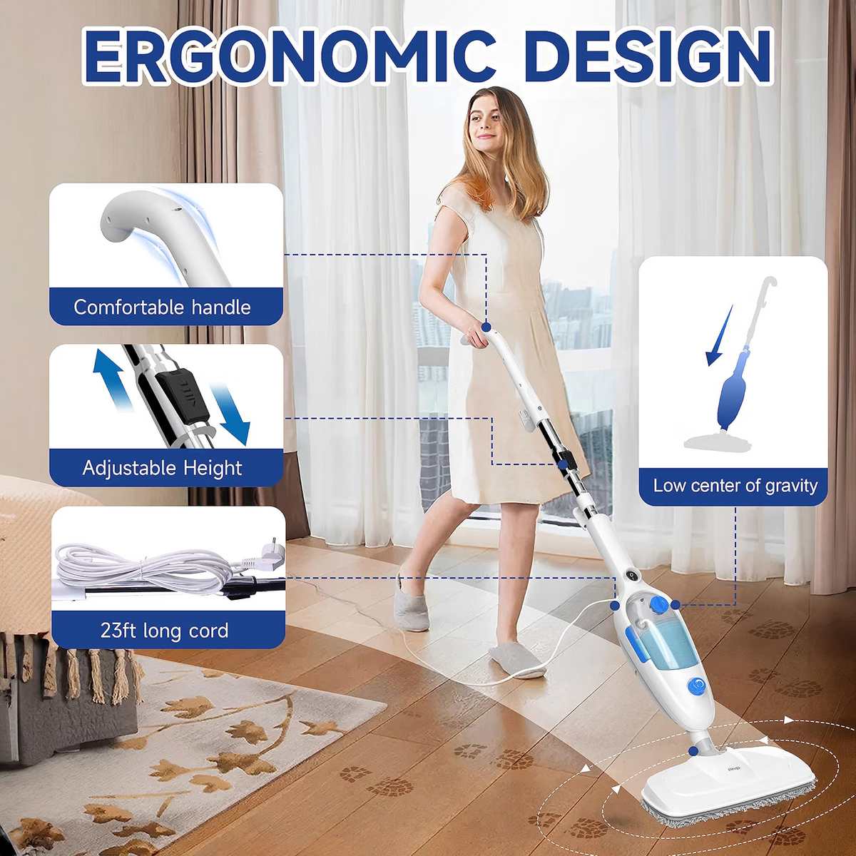 Mop parowy 10 w 1 z odłączaną myjką ręczną, do podłóg winylowych, paneli, dywanów, płytek i fug, 2 nakładki, przewód 7 m, zbiornik 450 ml