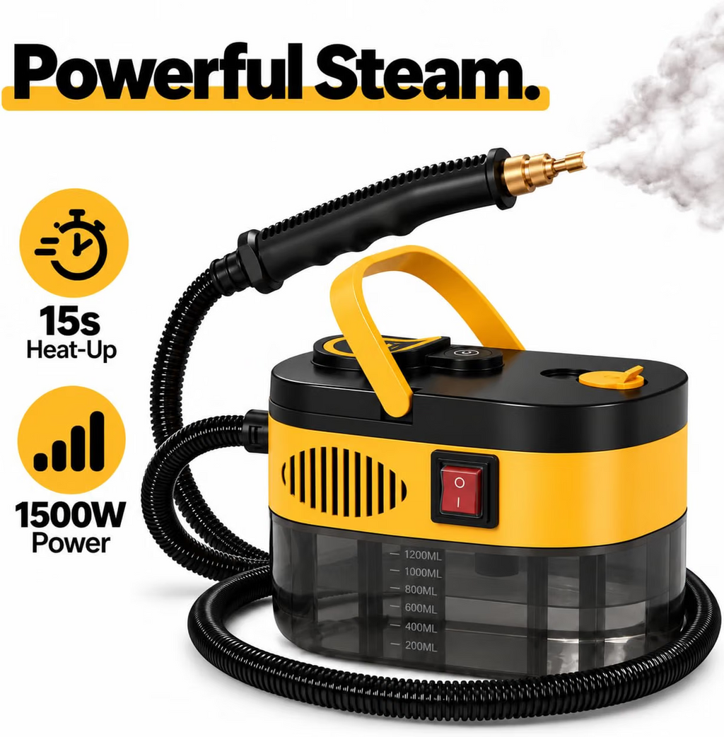 Ręczna myjka parowa wysokociśnieniowa 1500 W do domu i samochodu, nagrzewanie w 15 s, zbiornik 1,2 l, 6 poziomów pary, 8 akcesoriów, do fug, płytek, łazienki i kuchni
