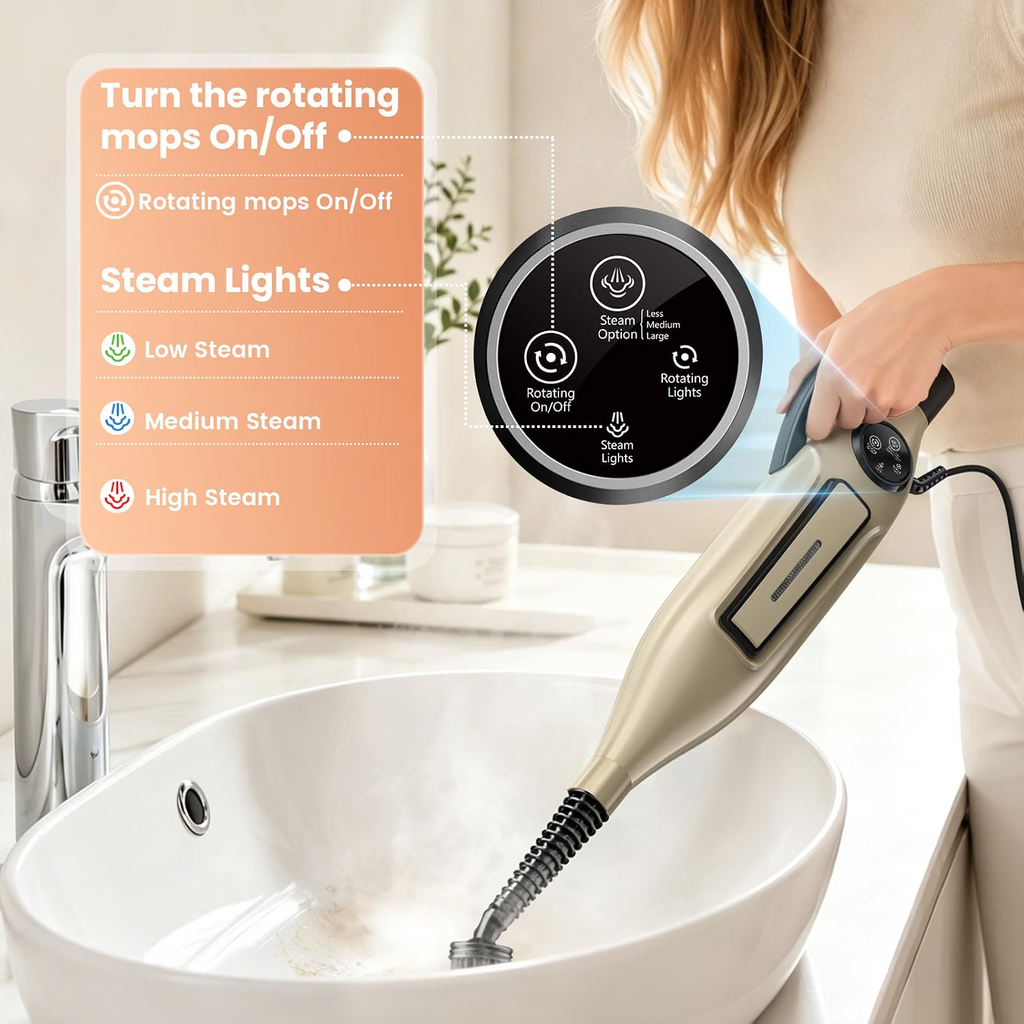 Szorujący mop parowy 10 w 1 z obrotowymi nakładkami, 3 tryby pary, lekka konstrukcja, do twardych podłóg, paneli i marmuru, kolor szampański