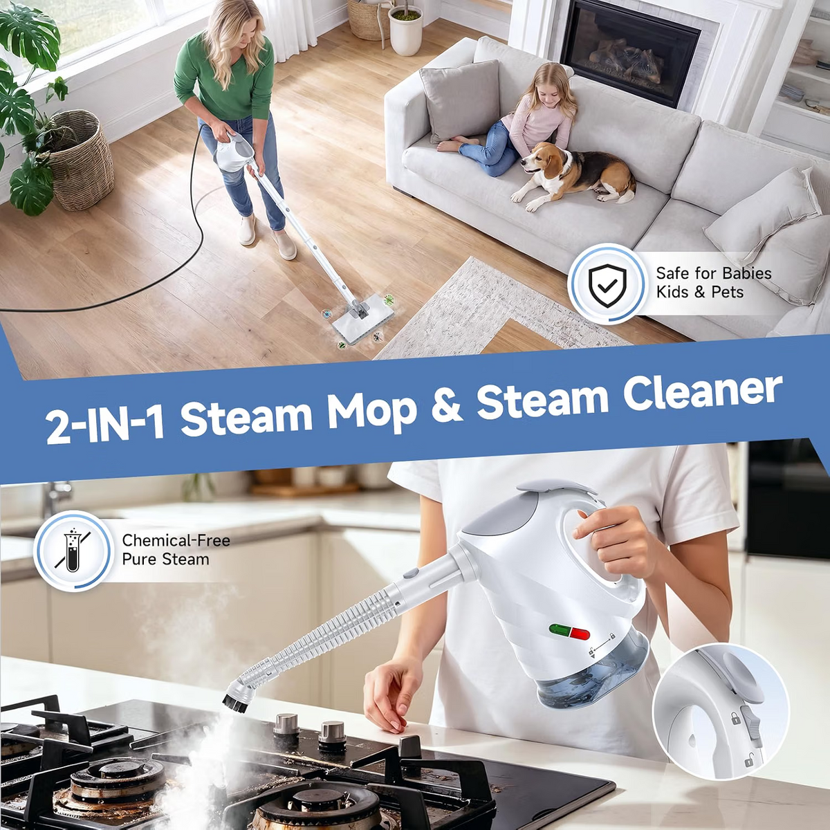 Mop parowy z odłączaną ręczną myjką parową, nagrzewanie w 10 s, para 120°C, 8 akcesoriów, zbiornik 320 ml, obrotowa głowica, do podłóg, domu i samochodu, biały