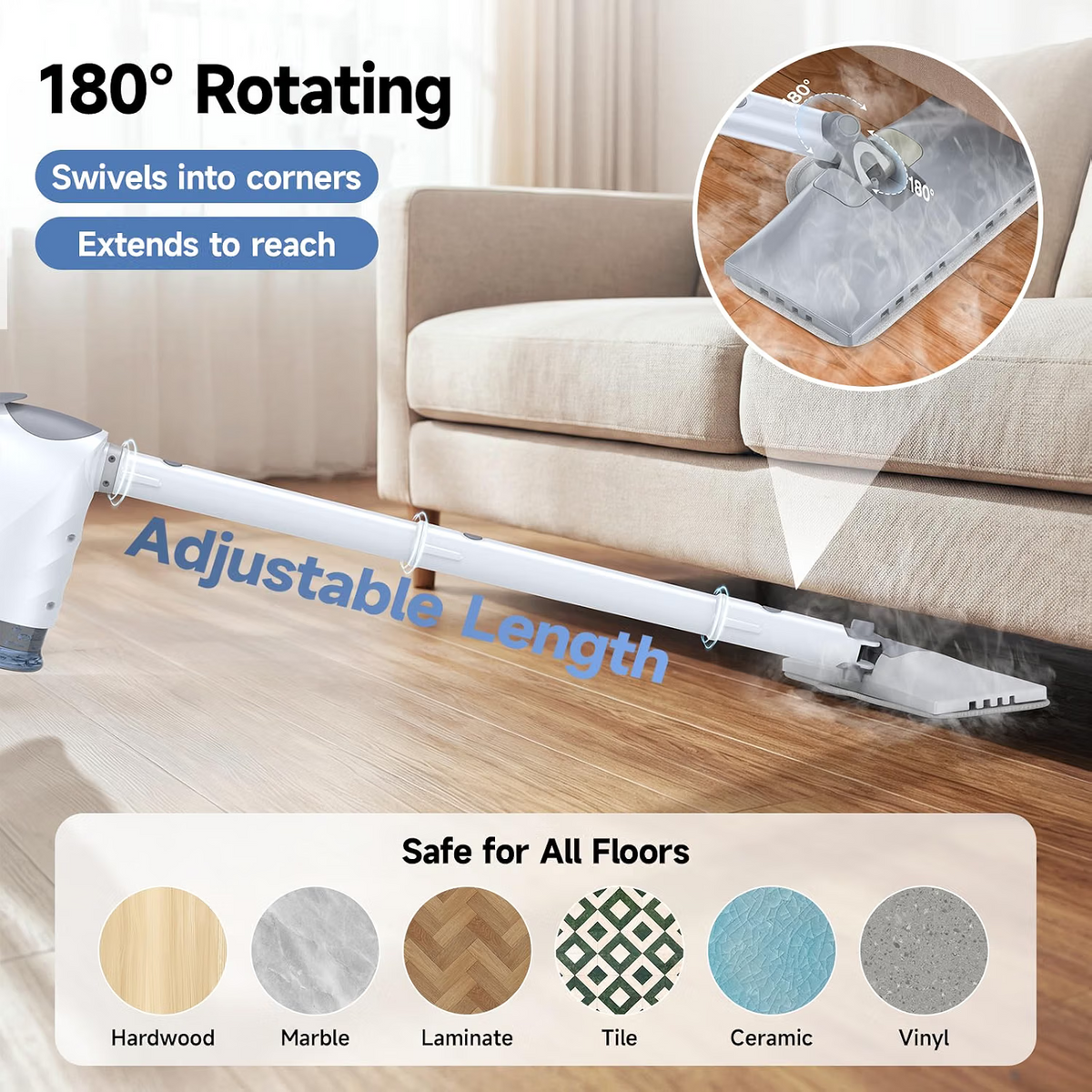 Mop parowy z odłączaną ręczną myjką parową, nagrzewanie w 10 s, para 120°C, 8 akcesoriów, zbiornik 320 ml, obrotowa głowica, do podłóg, domu i samochodu, biały