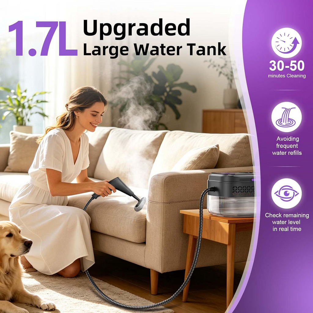 Ręczna myjka parowa do domu, 1500 W, nagrzewanie w 9 s, para 120°C, 6 poziomów regulacji, 19 akcesoriów, do płytek, fug, tłuszczu, kuchni, łazienki i samochodu