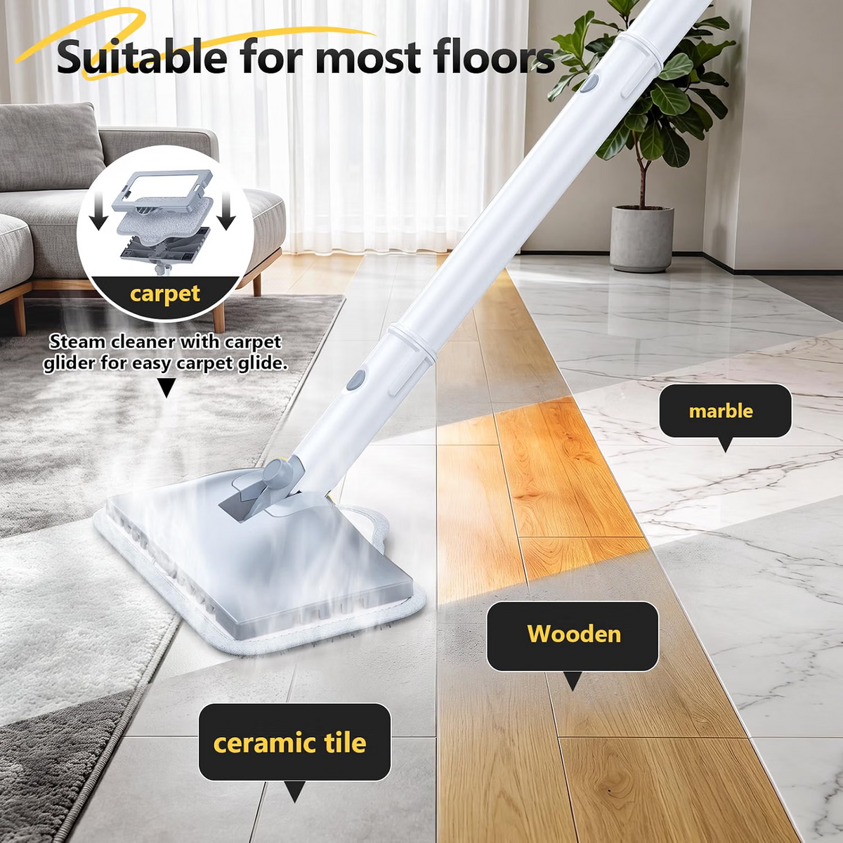 Mop parowy 10 w 1 z odłączaną ręczną myjką parową, 2 poziomy pary, nagrzewanie w 10 s, zbiornik 350 ml, do podłóg, dywanów, grilla, płytek i fug