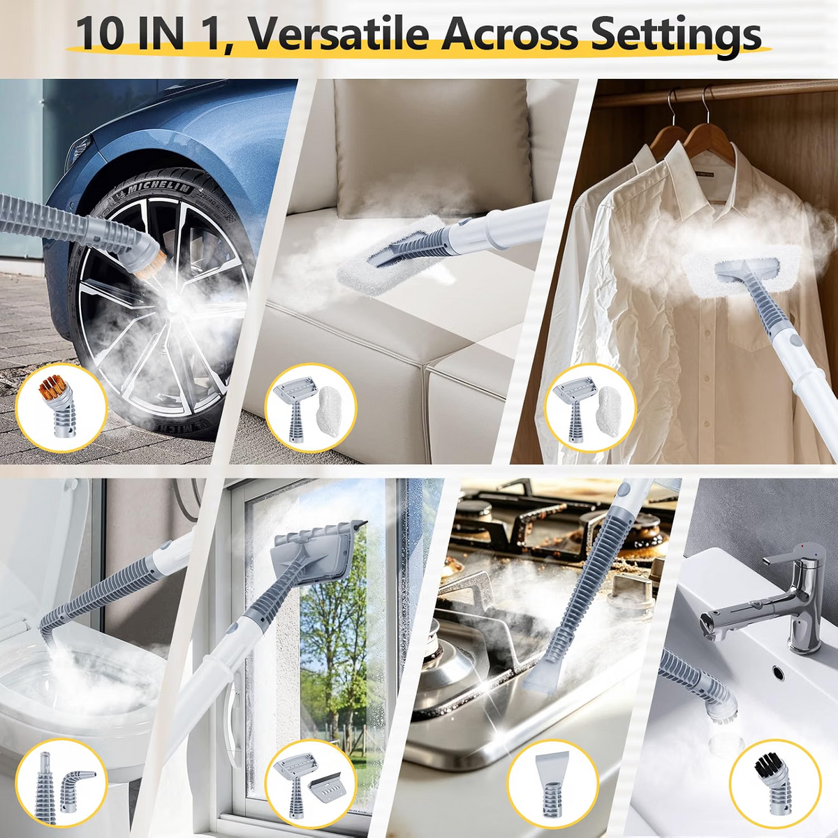 Mop parowy 10 w 1 z odłączaną ręczną myjką parową, 2 poziomy pary, nagrzewanie w 10 s, zbiornik 350 ml, do podłóg, dywanów, grilla, płytek i fug